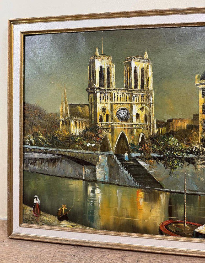 Richard Kaiser, View of Notre Dame from the Seine, Oil on Canvas, Framed