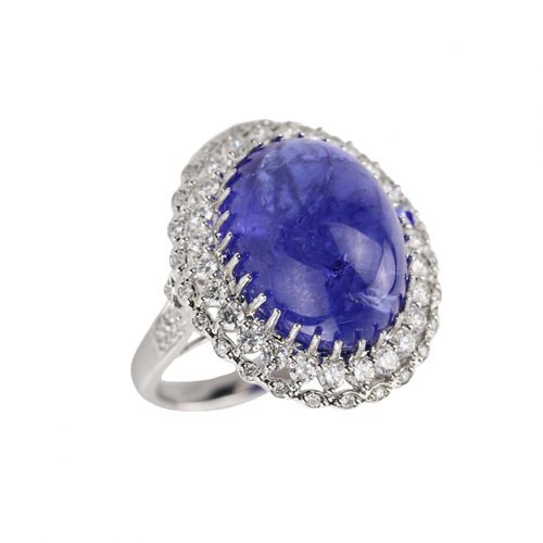 Ring in 18k White Gold with Tanzanite, Cabochon Cut, and Loose Diamonds., 2000s