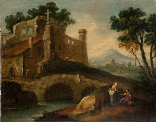 River Landscape with Bystanders, Oil on Canvas, 18th-Century-ZCI-1361553