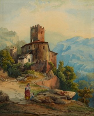 Rizzoni, Italian Mountain Landscape, 19th Century, Watercolor-WMV-1310483