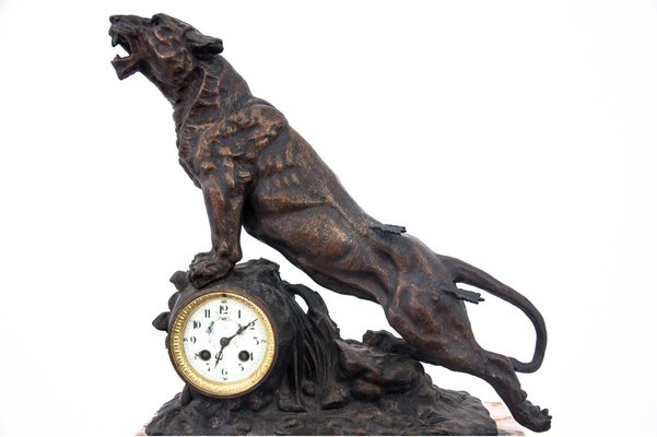 Roaring of the Lion Mantel Clock in Bronze and Marble, France, 1880s-BXB-968020