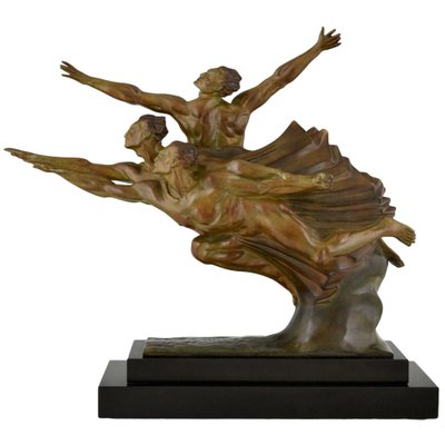 Robert Delandre, Art Deco Bronze Sculpture of 3 Athletes: Allegory of Speed, 1930, Bronze & Marble-KTN-2028889