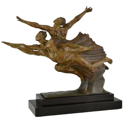 Robert Delandre, Art Deco Bronze Sculpture of 3 Athletes: Allegory of Speed, 1930, Bronze & Marble-KTN-2028889