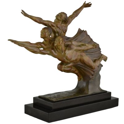 Robert Delandre, Art Deco Bronze Sculpture of 3 Athletes: Allegory of Speed, 1930, Bronze & Marble-KTN-2028889