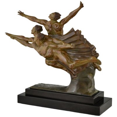 Robert Delandre, Art Deco Bronze Sculpture of 3 Athletes: Allegory of Speed, 1930, Bronze & Marble-KTN-2028889