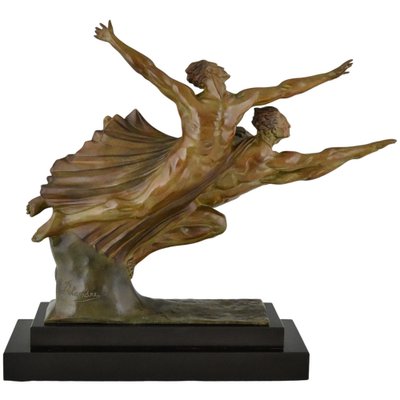 Robert Delandre, Art Deco Bronze Sculpture of 3 Athletes: Allegory of Speed, 1930, Bronze & Marble-KTN-2028889