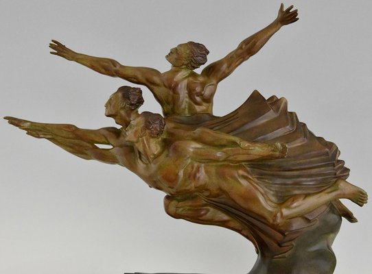 Robert Delandre, Art Deco Bronze Sculpture of 3 Athletes: Allegory of Speed, 1930, Bronze & Marble-KTN-2028889