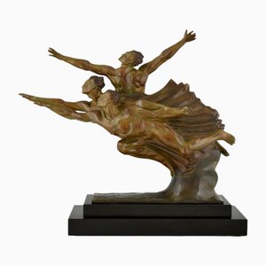 Robert Delandre, Art Deco Bronze Sculpture of 3 Athletes: Allegory of Speed, 1930, Bronze & Marble-KTN-2028889