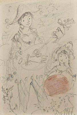 Robert Fontene, Playing Boy, Dancing Girl, Original Mixed Media Drawing, 1967-ZCI-1403412