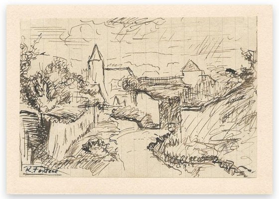 Robert Fontene, View of the Village In the Nature, Ink, Mid-20th Century-ZCI-871378