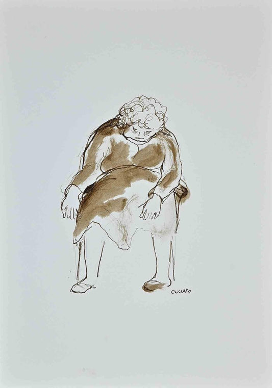 Roberto Cuccaro, Old Woman Falling Asleep, Ink Drawing, 2000s