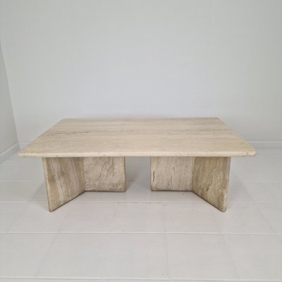 Robust Italian Travertine Coffee Table with Two 3-Leg Feet, 1980s-RQL-2042042