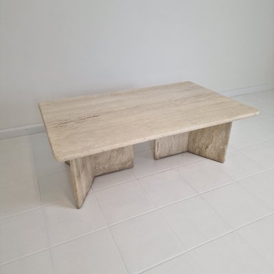 Robust Italian Travertine Coffee Table with Two 3-Leg Feet, 1980s-RQL-2042042