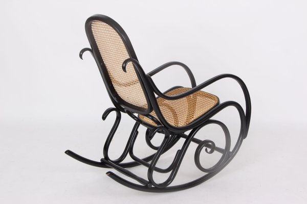 Rocking Chair in Black Lacquered Wood and French Wicker in the style of Thonet, 1970s-DQ-2035803