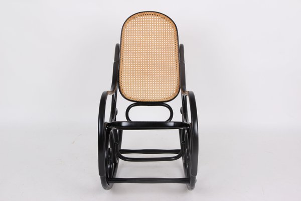 Rocking Chair in Black Lacquered Wood and French Wicker in the style of Thonet, 1970s-DQ-2035803