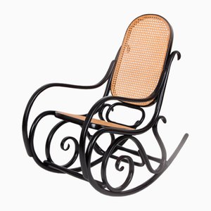 Rocking Chair in Black Lacquered Wood and French Wicker in the style of Thonet, 1970s-DQ-2035803