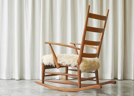 Rocking Chair in Oak and Sheepskin, France, 1960s-FEW-2026380