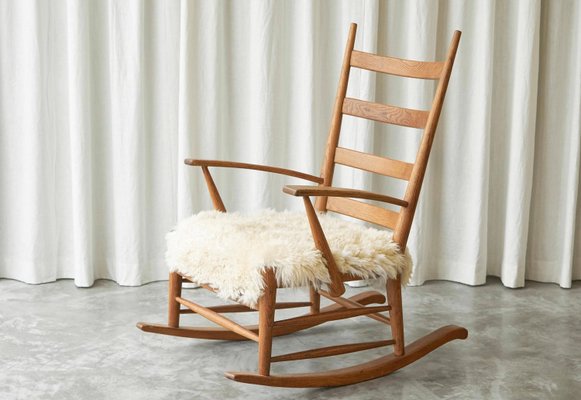 Rocking Chair in Oak and Sheepskin, France, 1960s-FEW-2026380