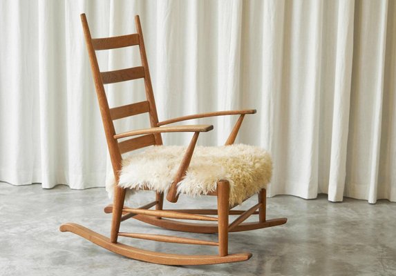 Rocking Chair in Oak and Sheepskin, France, 1960s-FEW-2026380