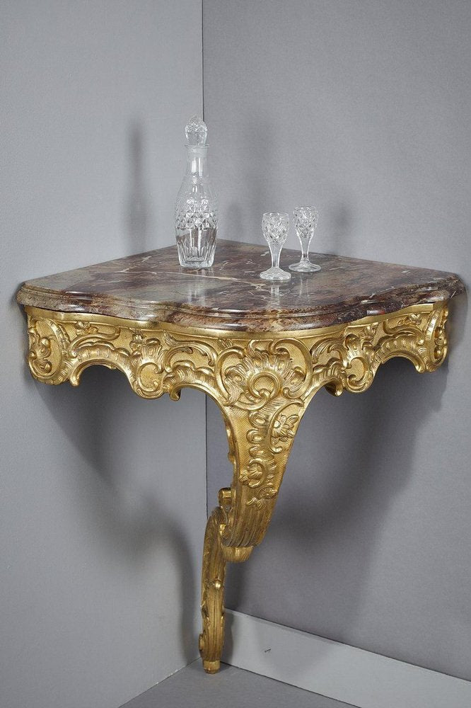 Rococo Corner Console in Carved Wood & Breccia Marble, 1850s