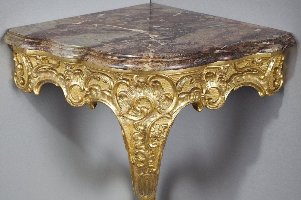 Rococo Corner Console in Carved Wood & Breccia Marble, 1850s