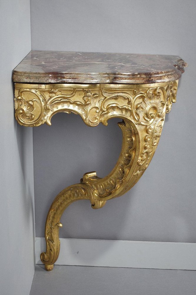 Rococo Corner Console in Carved Wood & Breccia Marble, 1850s