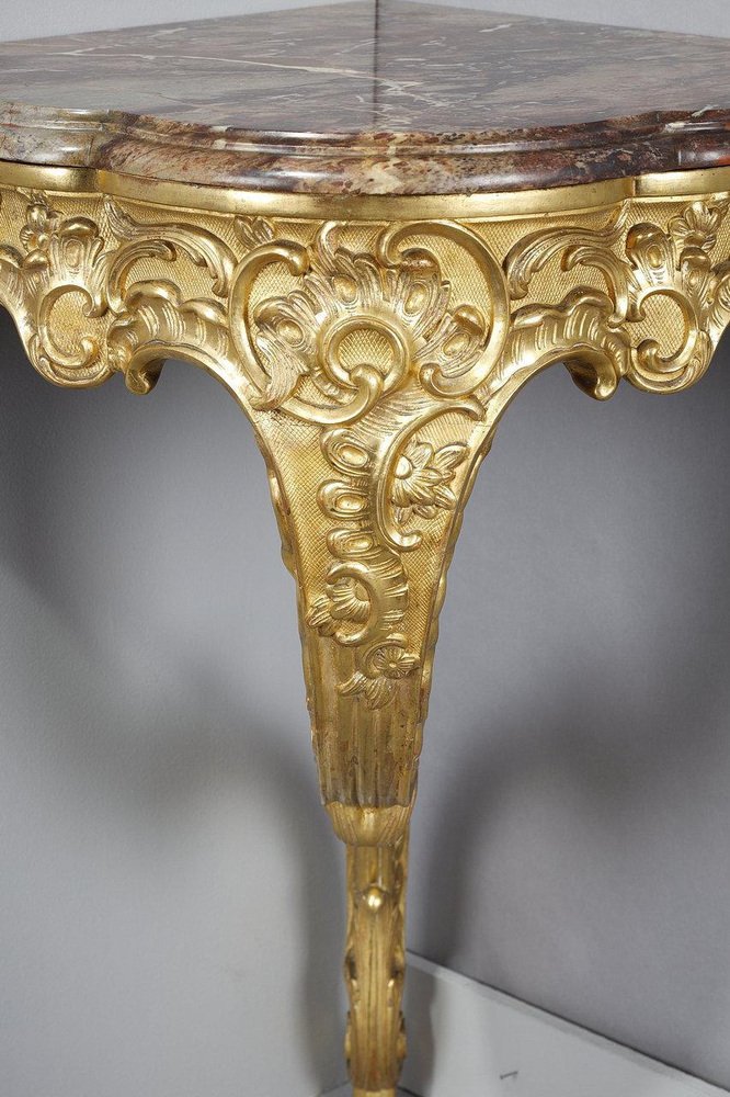 Rococo Corner Console in Carved Wood & Breccia Marble, 1850s