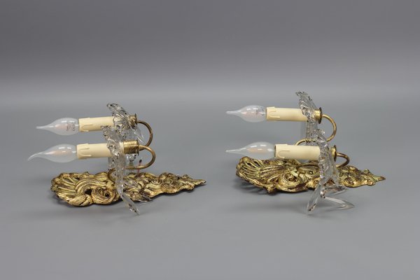 Rococo French Carved Giltwood and Crystal Glass Sconces, 1890s, Set of 2-KEG-1401526