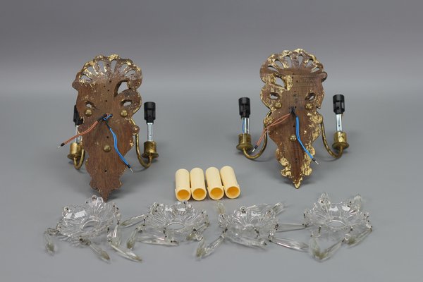 Rococo French Carved Giltwood and Crystal Glass Sconces, 1890s, Set of 2-KEG-1401526