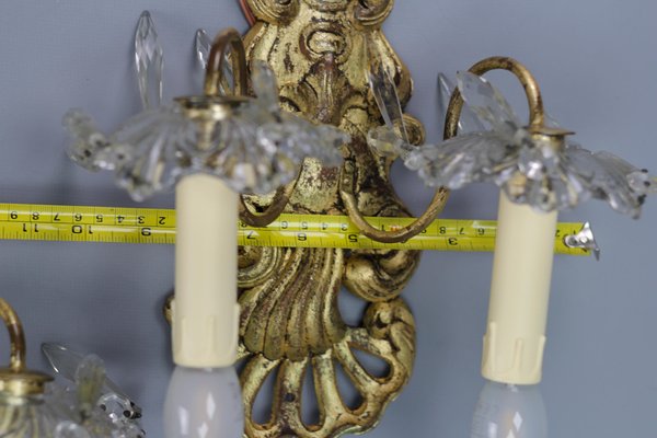 Rococo French Carved Giltwood and Crystal Glass Sconces, 1890s, Set of 2-KEG-1401526