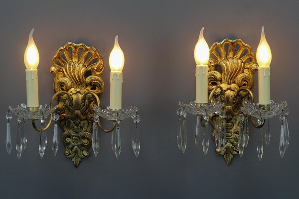 Rococo French Carved Giltwood and Crystal Glass Sconces, 1890s, Set of 2-KEG-1401526