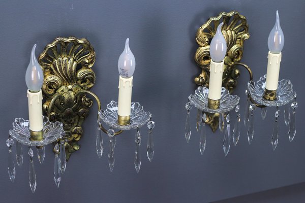 Rococo French Carved Giltwood and Crystal Glass Sconces, 1890s, Set of 2-KEG-1401526