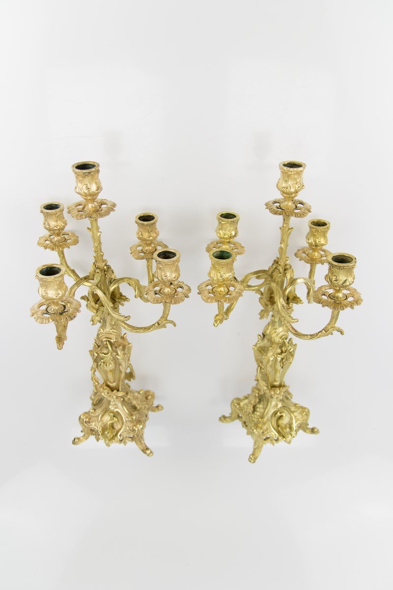 Rococo Style Bronze Candleholders with Dolphins, 1920s, Set of 2