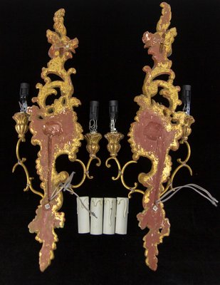 Rococo Style Carved and Polychrome Painted Wooden Sconces, 1930s, Set of 2-KEG-620756