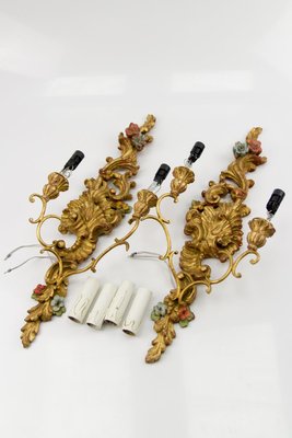 Rococo Style Carved and Polychrome Painted Wooden Sconces, 1930s, Set of 2-KEG-620756