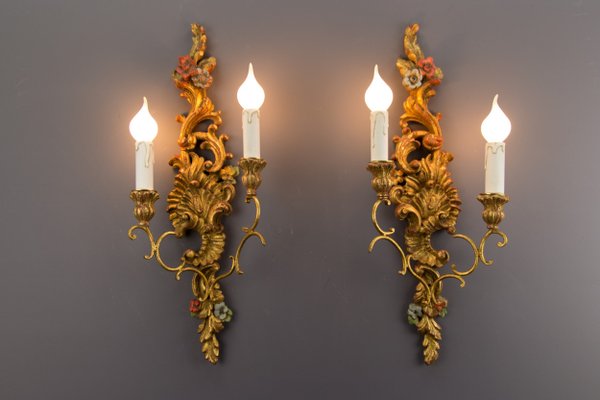 Rococo Style Carved and Polychrome Painted Wooden Sconces, 1930s, Set of 2-KEG-620756