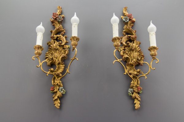 Rococo Style Carved and Polychrome Painted Wooden Sconces, 1930s, Set of 2-KEG-620756