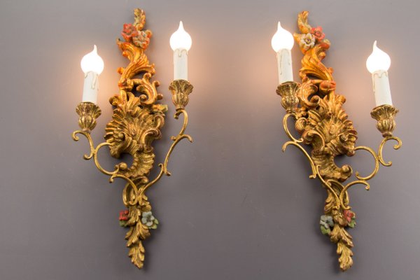 Rococo Style Carved and Polychrome Painted Wooden Sconces, 1930s, Set of 2-KEG-620756