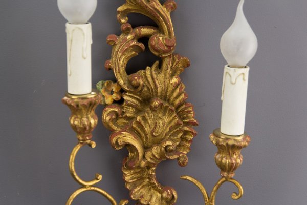 Rococo Style Carved and Polychrome Painted Wooden Sconces, 1930s, Set of 2-KEG-620756