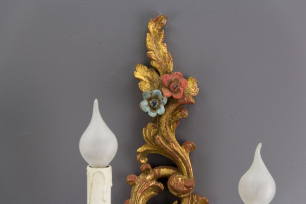 Rococo Style Carved and Polychrome Painted Wooden Sconces, 1930s, Set of 2-KEG-620756