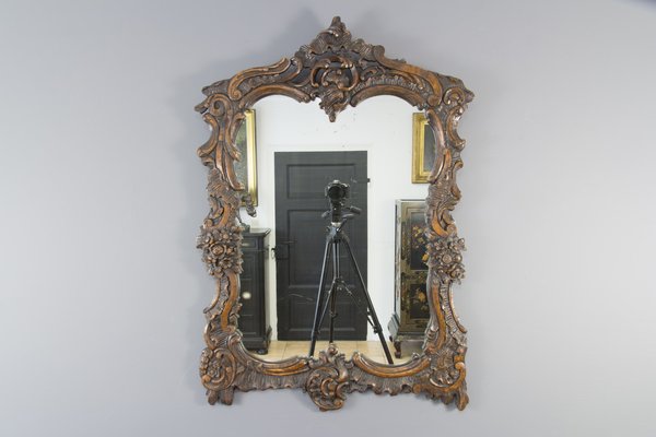 Rococo Style Carved Wood Dark Brown Wall Mirror-KEG-668389