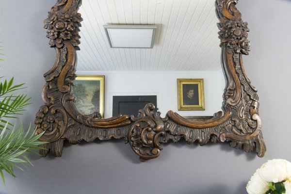 Rococo Style Carved Wood Dark Brown Wall Mirror-KEG-668389