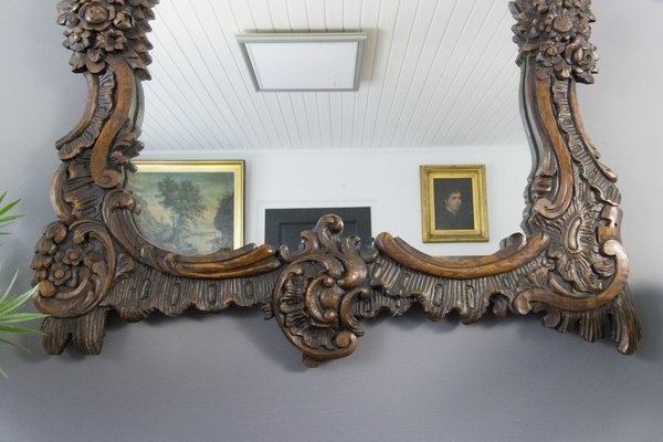 Rococo Style Carved Wood Dark Brown Wall Mirror-KEG-668389