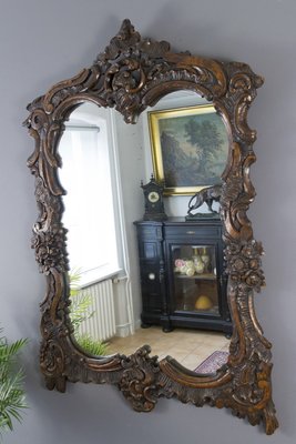 Rococo Style Carved Wood Dark Brown Wall Mirror-KEG-668389