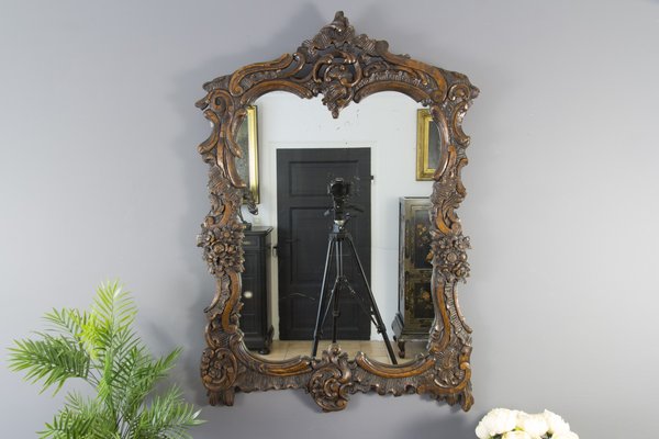 Rococo Style Carved Wood Dark Brown Wall Mirror-KEG-668389