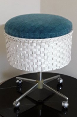 Rollable Sewing Box Stool in Blue Fabric, White Plastic Braid & Chrome, 1970s-HOI-1408802