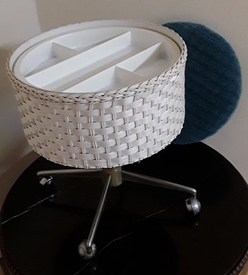 Rollable Sewing Box Stool in Blue Fabric, White Plastic Braid & Chrome, 1970s-HOI-1408802