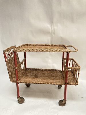 Roller Table in Rattan and Pique Leather Sellier by Jacques Adnet, 1950s-VRR-1719310