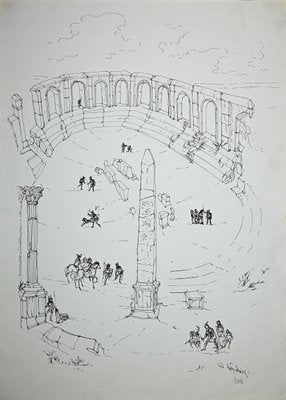 Roman Forum with Characters, Original Drawing Attributed To Giulio Zek, 1961-ZCI-943912