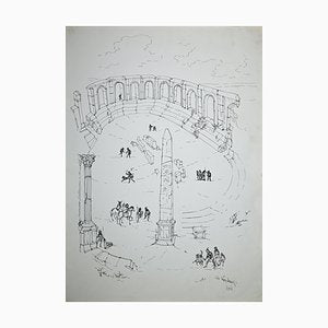 Roman Forum with Characters, Original Drawing Attributed To Giulio Zek, 1961-ZCI-943912